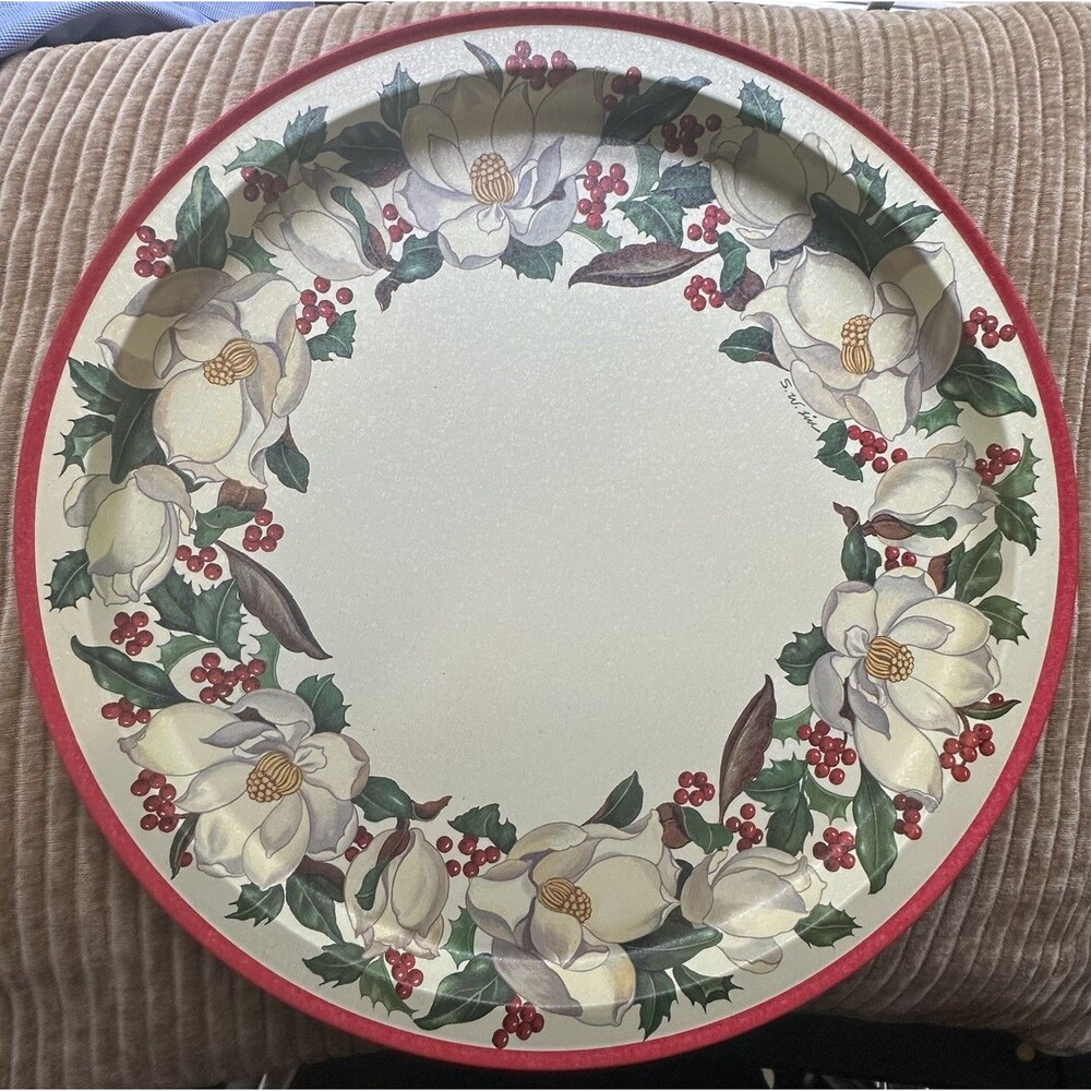 Vintage Tin Serving Platter Tray 1995 Christmas Magnolia Holiday Holly Berry